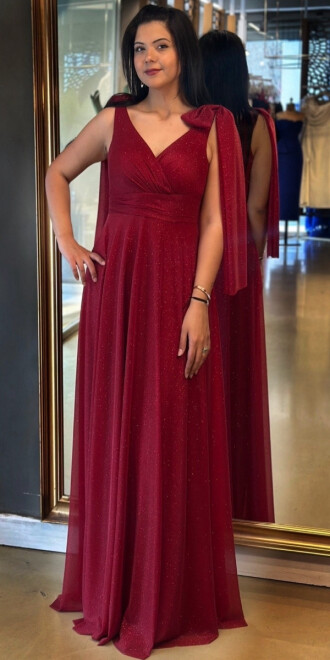 Vişne Renk Kalın Askı Kloş Etekli Simli Kumaş Uzun Abiye Elbise 7557 - abiyeniall