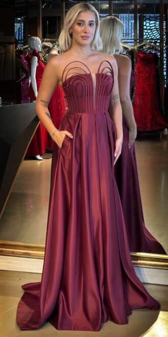 Vişne Renk Straplez Yaka Sırt Dekolteli Kloş Etekli Saten Uzun Abiye Elbise 11088 - abiyeniall