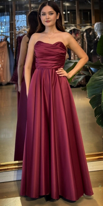 Vişne Renk Straplez Yaka Sırt Dekolteli Kloş Etekli Saten Uzun Abiye Elbise 11120-06 - abiyeniall