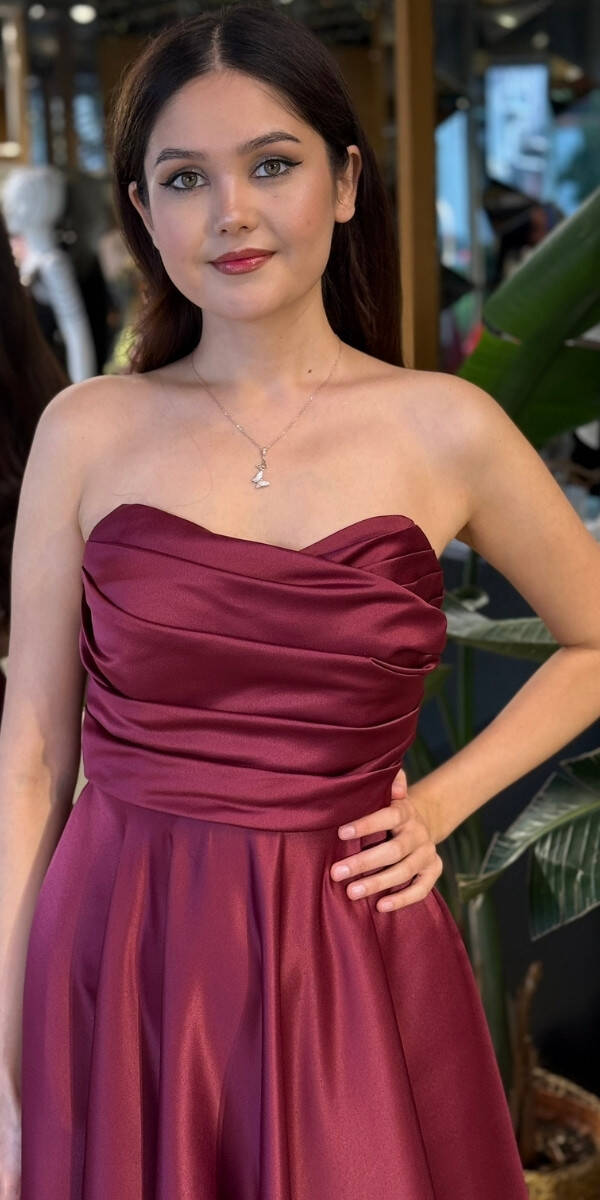 Vişne Renk Straplez Yaka Sırt Dekolteli Kloş Etekli Saten Uzun Abiye Elbise 11120-06 - 3