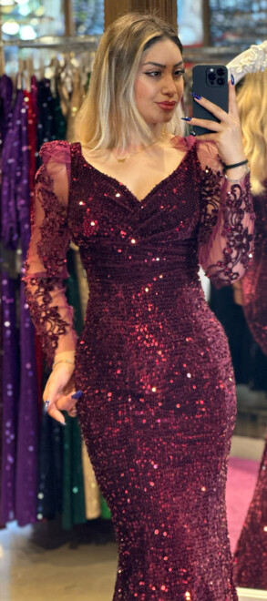 Vişne Renk Uzun Kollu Balık Etekli Pul Payet Uzun Abiye Elbise 7438 - abiyeniall