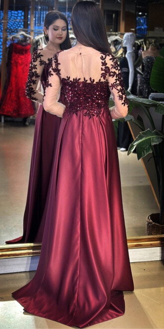 Vişne Renk Uzun Kollu Dantel Detaylı Kloş Etekli Saten Uzun Abiye Elbise 11151-02 - 5