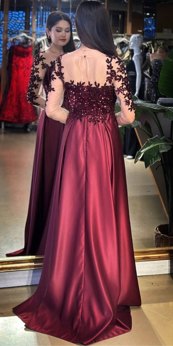 Vişne Renk Uzun Kollu Dantel Detaylı Kloş Etekli Saten Uzun Abiye Elbise 11151-02 - 5