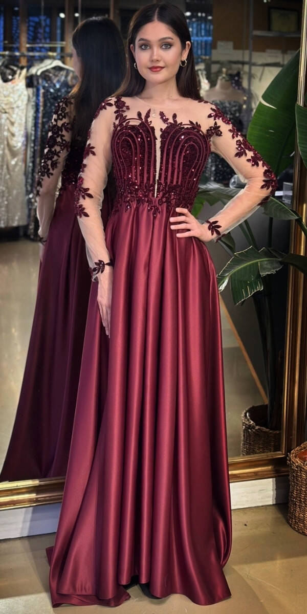 Vişne Renk Uzun Kollu Dantel Detaylı Kloş Etekli Saten Uzun Abiye Elbise 11151-02 - 1