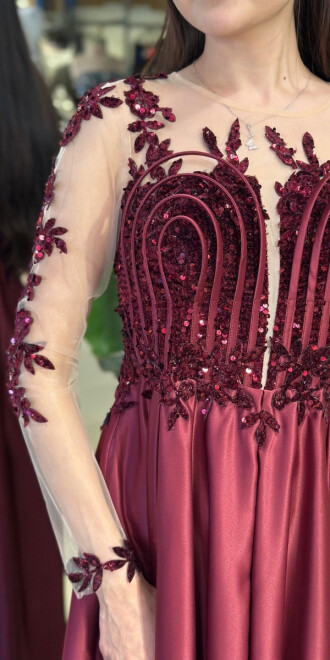 Vişne Renk Uzun Kollu Dantel Detaylı Kloş Etekli Saten Uzun Abiye Elbise 11151-02 - 4