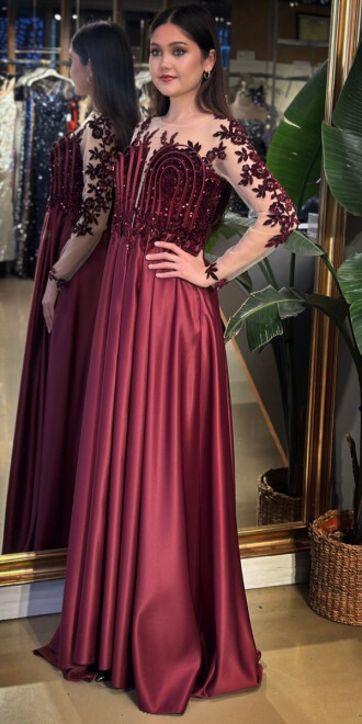 Vişne Renk Uzun Kollu Dantel Detaylı Kloş Etekli Saten Uzun Abiye Elbise 11151-02 - 2