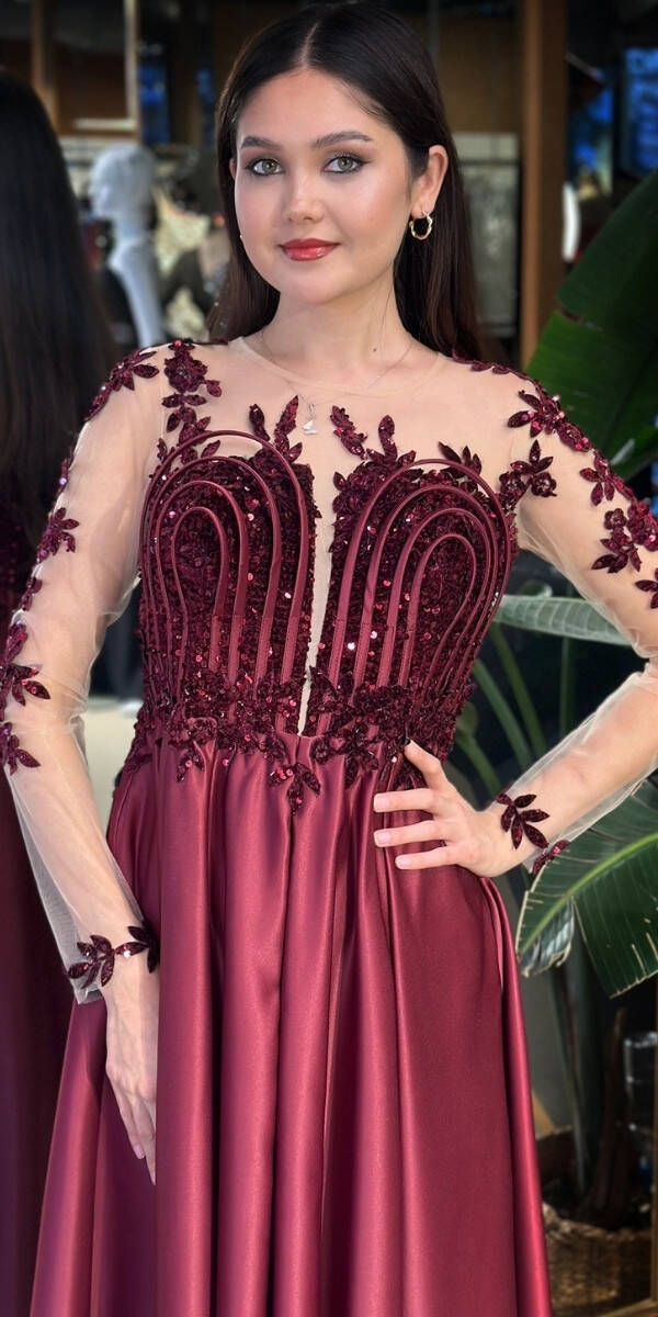 Vişne Renk Uzun Kollu Dantel Detaylı Kloş Etekli Saten Uzun Abiye Elbise 11151-02 - 3