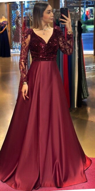 Vişne Renk Uzun Kollu Kloş Etekli Saten Uzun Abiye Elbise 7559 - abiyeniall