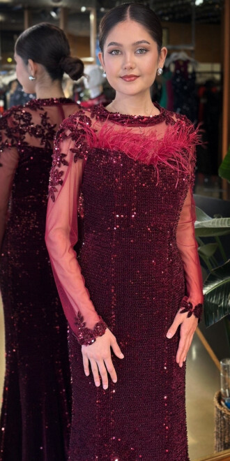 Vişne Renk Yuvarlak Yaka Uzun Kollu Tuy Detaylı Balık Etekli Pul Payet Uzun Abiye Elbise 11133-01 - 3