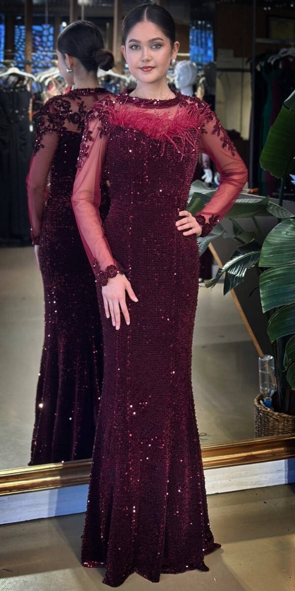 Vişne Renk Yuvarlak Yaka Uzun Kollu Tuy Detaylı Balık Etekli Pul Payet Uzun Abiye Elbise 11133-01 - 1