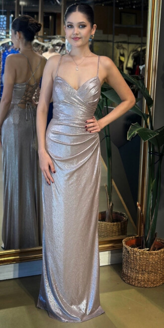 Vizon Rengi V Yaka İp Askılı Sırt Dekolteli Düz Kesim Parlak Kumaş Uzun Abiye Elbise 11086-04 - abiyeniall