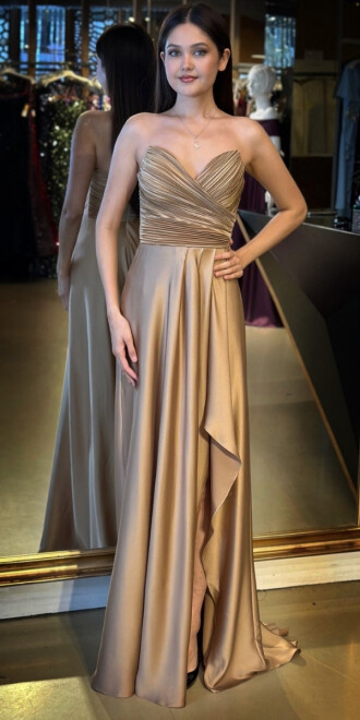 Vizon Straplez Yaka Anvelop Yırtmaçlı Kloş Etekli Saten Uzun Abiye Elbise 11095 - abiyeniall