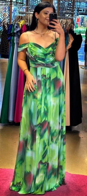 Yeşil İp Askılı Sırt Dekolteli Kloş Etekli Desenli Uzun Abiye Elbise 7592 - abiyeniall