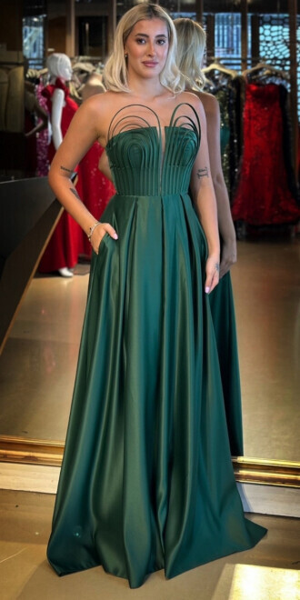 Yeşil Straplez Yaka Sırt Dekolteli Kloş Etekli Saten Uzun Abiye Elbise 11088 - abiyeniall