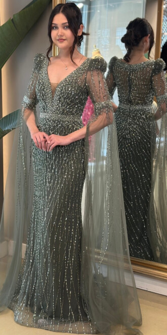 Yeşil Tül Kollu Uzun Abiye Elbise 95014 - abiyeniall