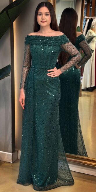 Yeşil Uzun Kollu Düz Kesim Pullu Boncuklu Uzun Abiye Elbise 7675 - abiyeniall